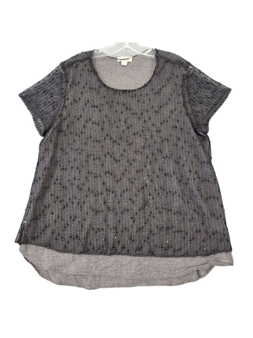 One World Women's Shirt Size L Black Sequin Layered Knit Short Sleeves Top Lined